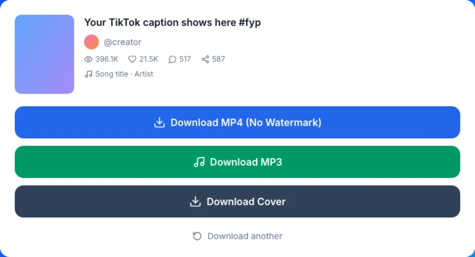 Remove TikTok watermark result: MP4 without watermark, HD MP4 and MP3 buttons