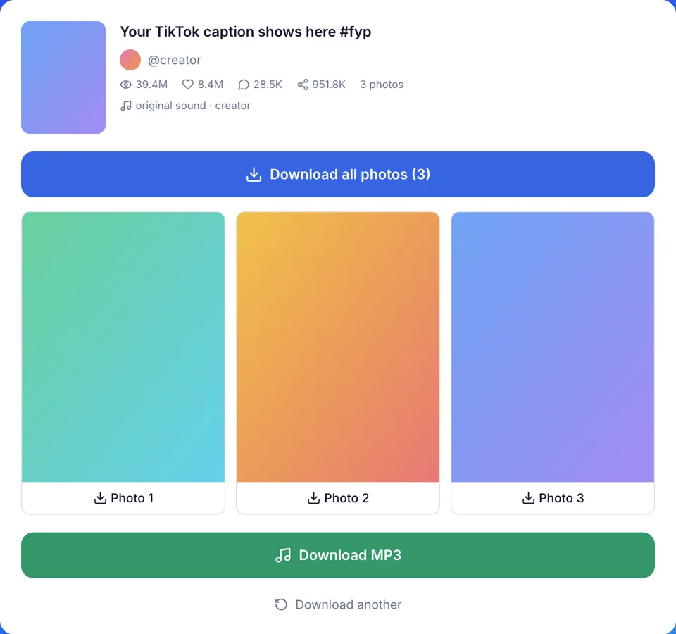 TikTok photo downloader result: every slideshow photo with its own download button, Download all photos and MP3
