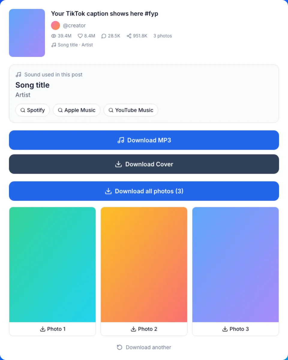TikTok song finder result: song name, artist and music app search links