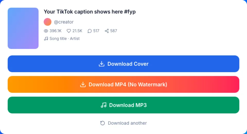 TikTok thumbnail downloader result: Download Cover button above the video downloads
