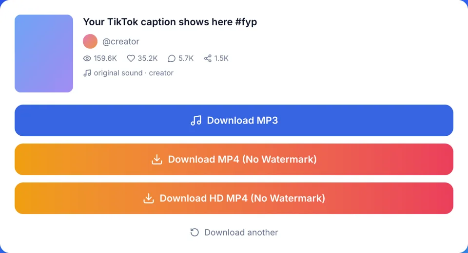 TikTok to MP3 result: Download MP3 button above the video downloads