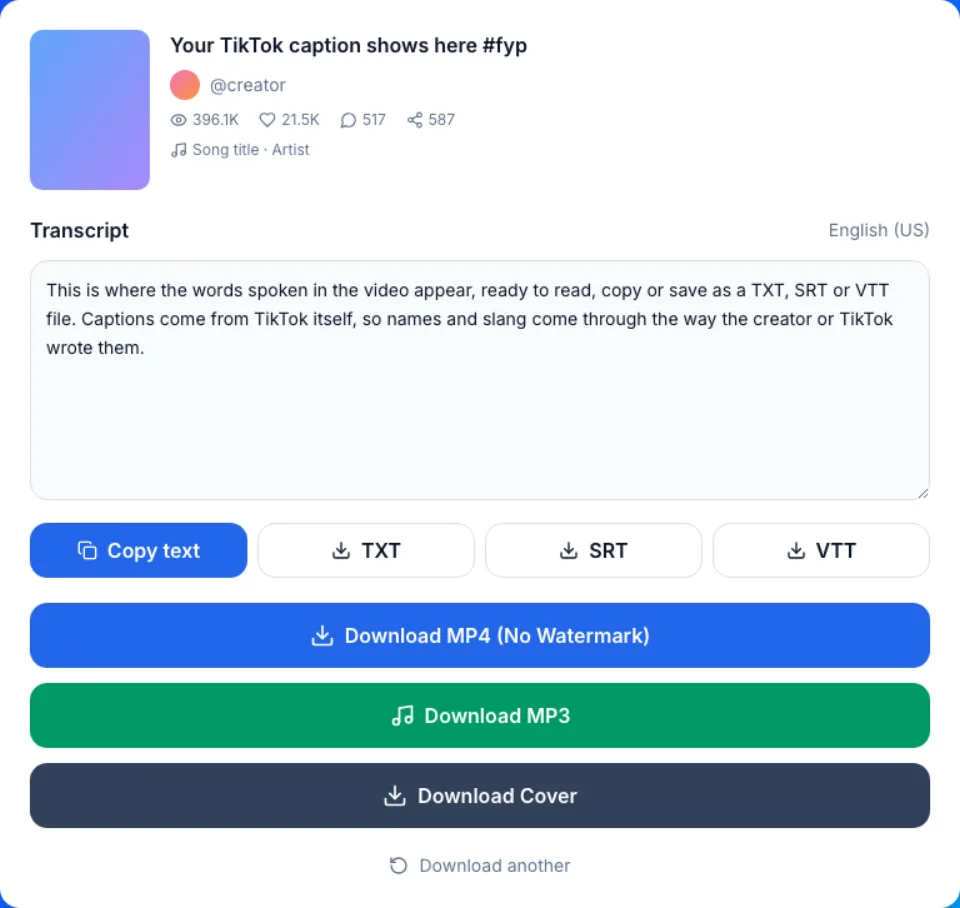 TikTok transcript result: caption text with Copy, TXT, SRT and VTT buttons