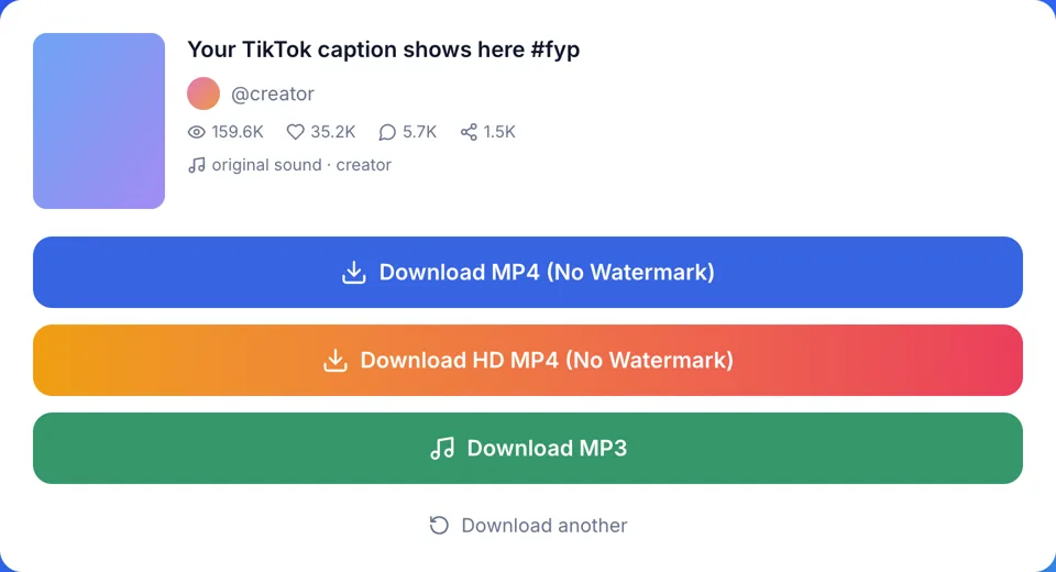 TikTok video downloader result: MP4 without watermark, HD MP4 and MP3 download buttons